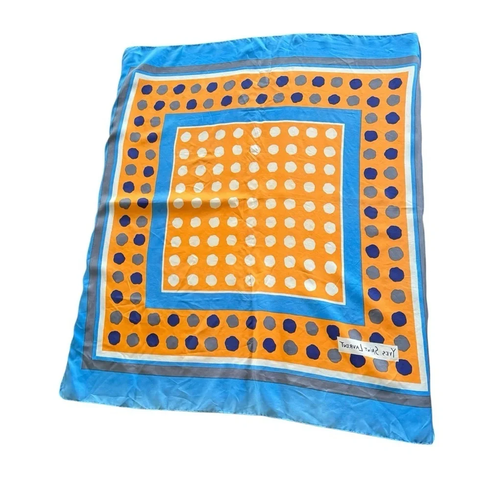 Vintage Yves Saint Laurent Silk‎ Scarf Blue Orange Large Polka Dot Geometric Mod
